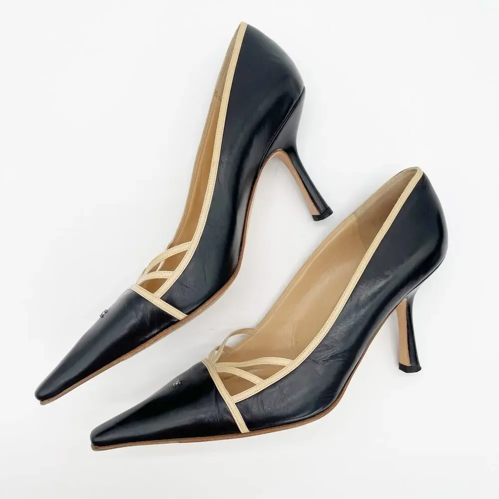 Chanel Vintage Black Leather Pumps Beige Crisscross Straps Micro CC Heels EU 40